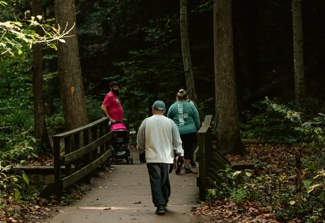 People walking along a wooded path